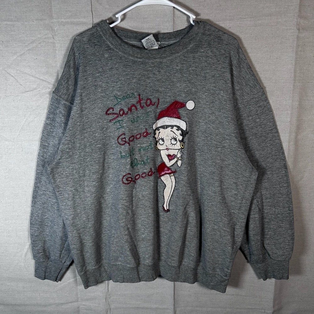 Betty‎ Boop Y2K Christmas Sweatshirt Gray Dear Santa I Was Good Graphic Crewneck